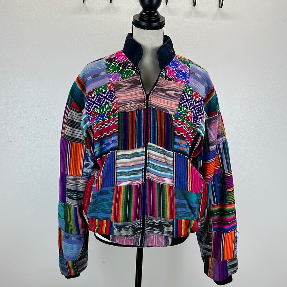 ⭐️Vintage Love Tent imports Guatemalan patchwork cotton bomber jacket size large